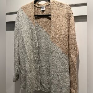 Cabi oversized asymmetrical two-tone longline cardigan, hidden snap placket